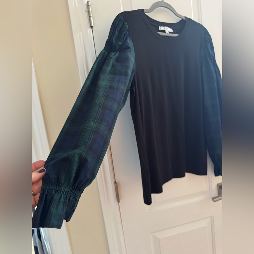 Loft Holiday Plaid Puff Balloon Ruffle Sleeve Comfy Relaxed Blue Green Black Top - Picture 7 of 8